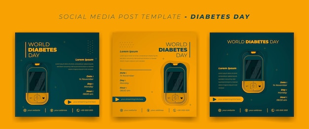 Modèle De Publication Sur Les Réseaux Sociaux Avec Glucomètre Sur Fond Jaune Et Vert Pour La Journée Mondiale Du Diabète