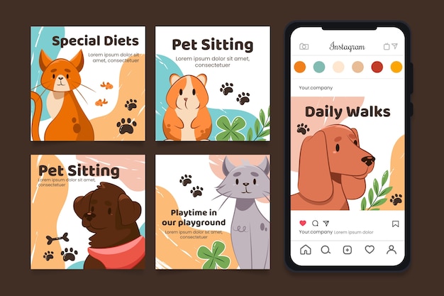 Vecteur modèle de publications instagram de garde d'animaux de compagnie design plat