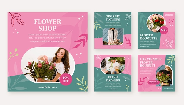 Modèle de publications instagram de travail de fleuriste de plantes design plat