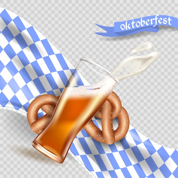 Modèle De Publicité Réaliste Splash De Mousse Et De Bière D'une Tasse En Verre, Bretzel, Drapeau Bavarois, Tradition Nationale Allemande, Oktoberfest