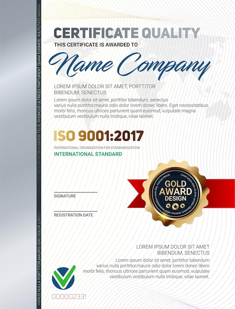 Modèle De Qualité De Certificat Avec Motif De Ligne De Luxe Et Emblème De Récompense D'or Iso 9001