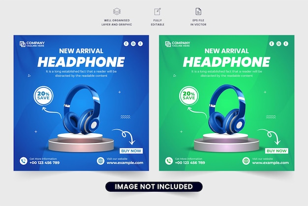 Modèle de réduction de vente de casque sans fil pour le marketing des médias sociaux Conception d'affiche promotionnelle spéciale pour casque d'écoute avec des couleurs bleues et vertes Vecteur de bannière web publicité casque