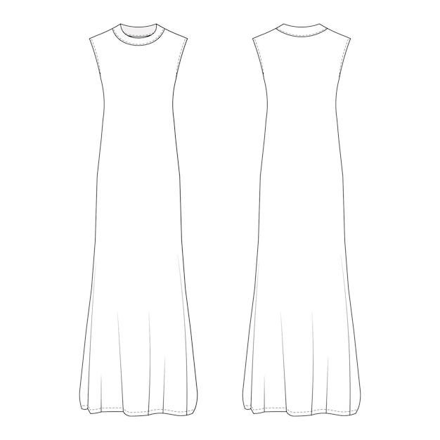 Modèle De Robe Maxi à Cou Ronde Sans Manches Dessin Technique Croquis Plat Mock-up Cad Fashi