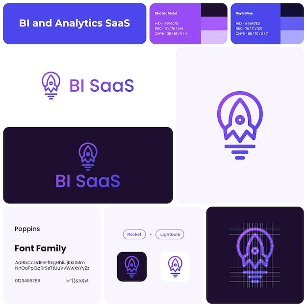 Vecteur modèle saas de bi et d'analyse 2d logo de fusée et d'ampoule