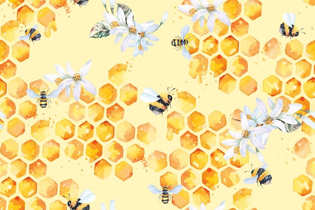 Vecteur modèle sans couture d'abeilles et de nid d'abeilles et de fleurs à l'aquarelle pour tissu et papier peint