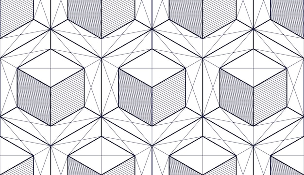 Modèle sans couture abstraite de cubes géométriques, fond de vecteur 3d. Ligne d'ingénierie de style technologique dessinant une illustration sans fin. Couleur unie, noir et blanc. Utilisable pour le tissu, le papier peint, l'emballage,
