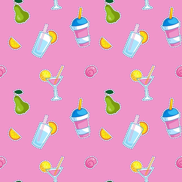 Modèle Sans Couture Alcool Rose Jus De Limonade Soda Et Fruits Illustration Vectorielle Dans Une Cave De Style Plat Minimaliste Impression Textile Cartes Postales De Conception D'impression