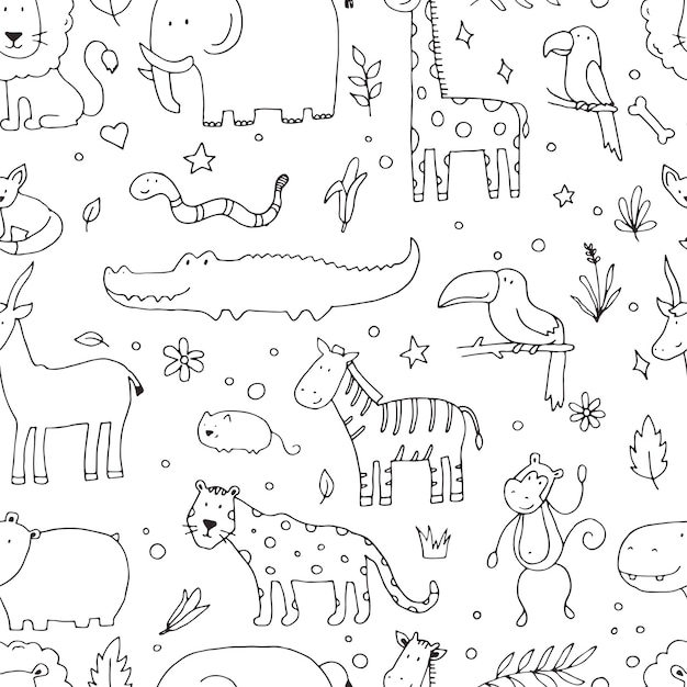 Modèle Sans Couture D'animaux De La Jungle Doodle : éléphant, Lion, Zèbre, Crocodile, Girafe. Illustration Vectorielle Mignonne Pour Bébé, Textule Pour Enfant, Tissu, Conception De Papier Peint. Arrière-plan Dessiné à La Main.