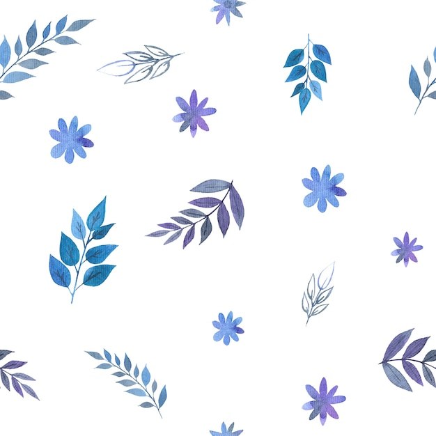 Modèle sans couture aquarelle de brindilles bleues et de feuilles sur fond blanc pour papier d'emballage