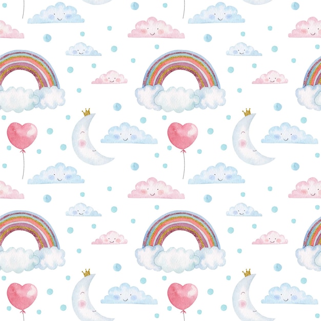 Modèle Sans Couture Aquarelle Enfants Avec Des Arcs-en-ciel Mignons, Des Nuages Et Des Lunes