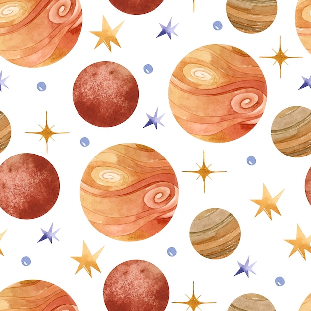 Modèle sans couture aquarelle planète Mars et étoiles