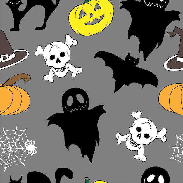 Modèle Sans Couture, Araignées, Toiles D'araignées De Citrouille, Chauves-souris Fantômes Et Noires Sur Fond Gris. Halloween