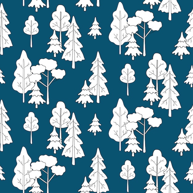 Modèle sans couture avec des arbres blancs dans la forêt sur fond bleu Toile de fond à colorier pour enfants