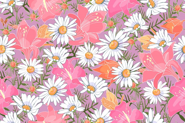 Modèle Sans Couture D'art Floral Vector. Fleurs De Jardin. Camomiles Blancs, Lis Roses Et Oranges. Imprimé Délicat Pour Tissus, Textiles De Maison, Emballages Cadeaux, Accessoires.