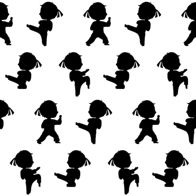 Modèle Sans Couture D'arts Martiaux Silhouettes De Dessin Animé Noir Dans Des Poses De Karaté Sur Fond Blanc