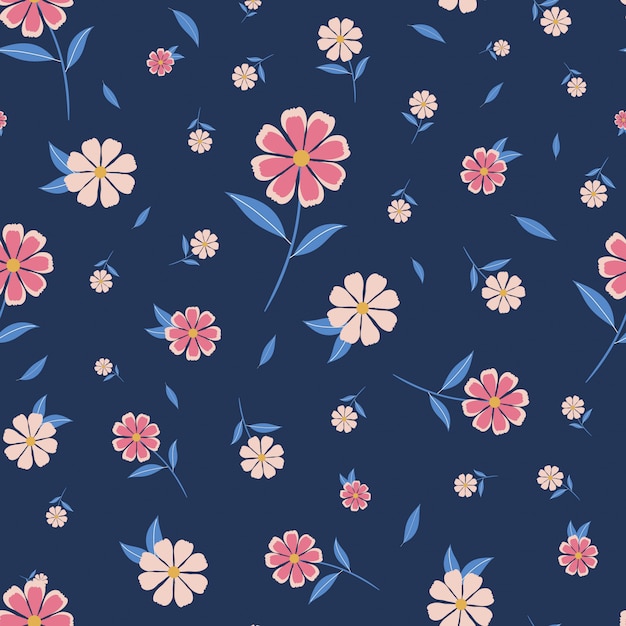 Vecteur modèle sans couture assez floral avec fond bleu