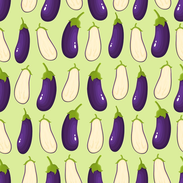 Modèle Sans Couture Avec Des Aubergines De Dessin Animé Sur Vert.