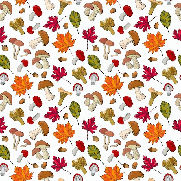 Modèle sans couture d'automne avec des châtaignes et des feuilles de champignons glands