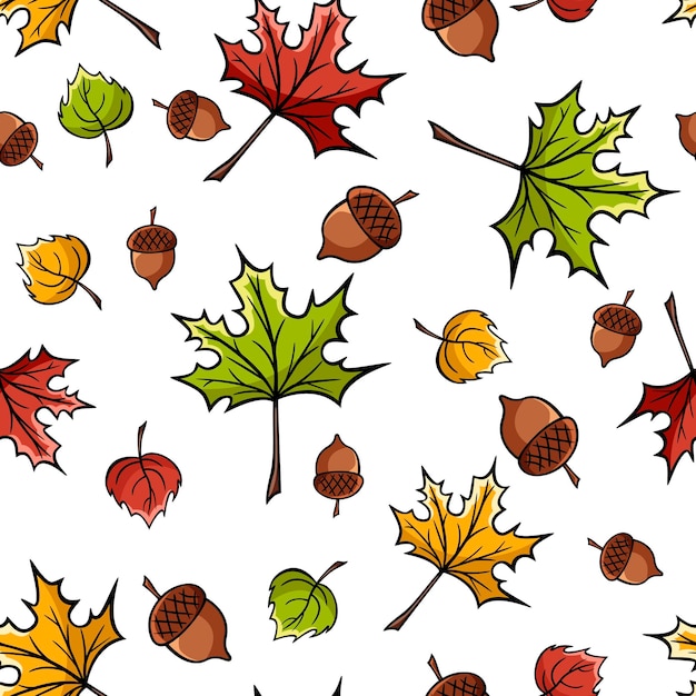 Modèle Sans Couture Automne Dessiné à La Main Avec Des Feuilles Dans Un Style Doodle