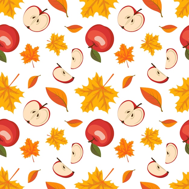 Modèle Sans Couture D'automne Avec Des Feuilles D'érable Et Des Pommes Rouges Récolte Et Impression D'automne