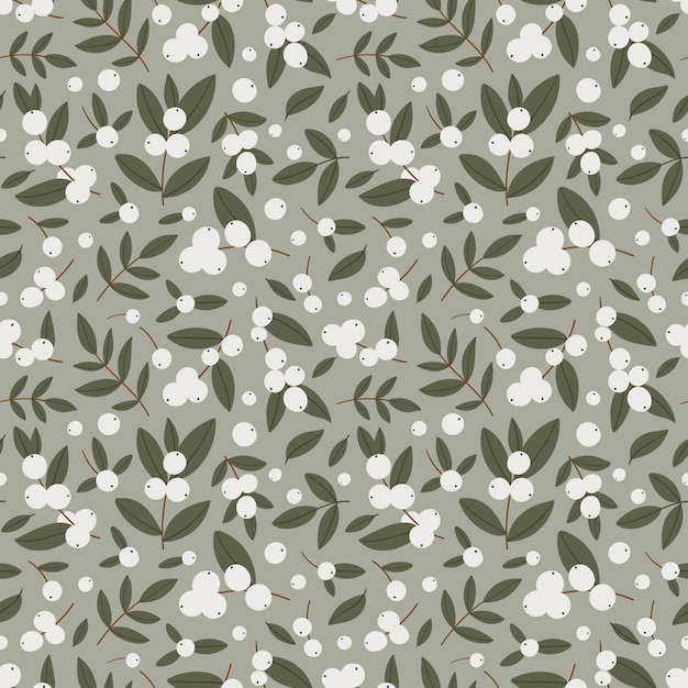 Modèle Sans Couture Avec Des Baies Blanches D'hiver Sur Fond Olive. Illustration Vectorielle.