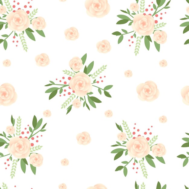 Vecteur modèle sans couture belle fleur beige avec des feuilles vertes et des baies rouges illustration vectorielle plane sur fond blanc