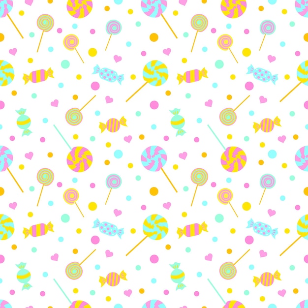 Modèle sans couture avec des bonbons, des sucettes et des coeurs. Fond doux sans fin, illustration vectorielle.