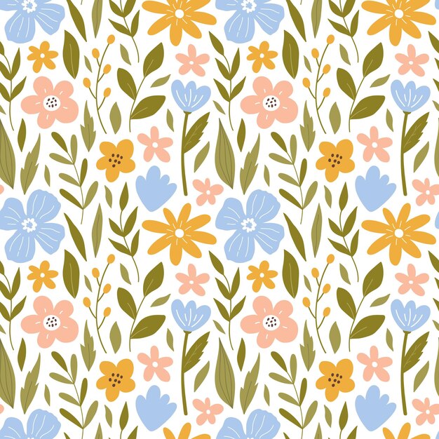 Modèle sans couture botanique avec des feuilles et des branches de fleurs de prairie Fond floral