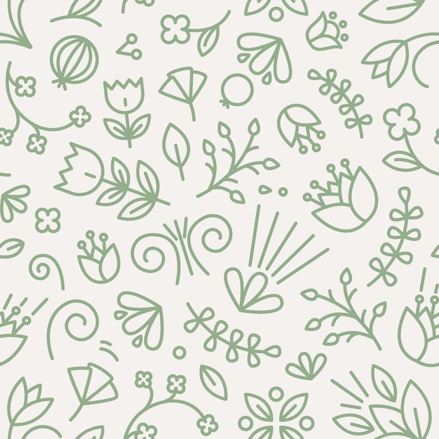 Modèle Sans Couture Botanique Avec Des Fleurs En Fleurs Et Des Baies Dessinées Avec Des Lignes De Contour Sur Fond Blanc. Toile De Fond Avec Fleur D'été. Illustration Vectorielle Dans Le Style D'art En Ligne Pour L'impression Textile.