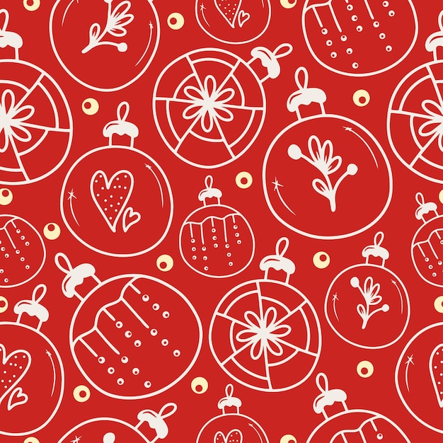 Modèle sans couture avec des boules de Noël festives dessinées à la main sur fond rouge