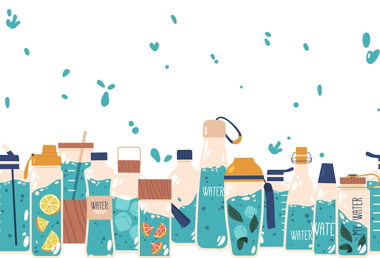 Vecteur modèle sans couture avec bouteilles d'eau bordure horizontale ou cadre créant un design répétitif adapté à diverses applications telles que l'emballage de textiles et de papeterie illustration vectorielle de dessins animés