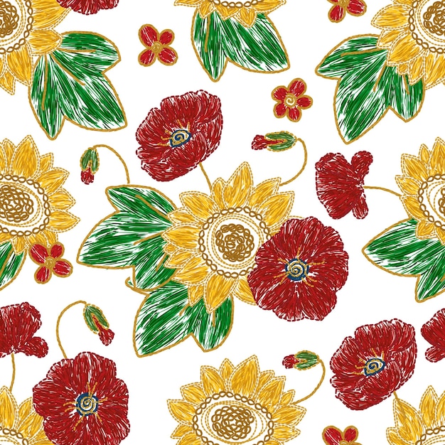 Modèle sans couture de broderie florale de tournesol et de coquelicot ukrainien. Illustration ethnique vectorielle