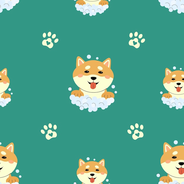 Modèle Sans Couture Avec Des Bulles De Savon Shiba Inu Et Empreinte De Patte Fond De Vecteur Vert Avec Des Chiots Drôles Dans Un Style Dessiné à La Main Modèle Pour Chambre De Pyjama De Salle De Bain Pour Enfants Ou Animalerie