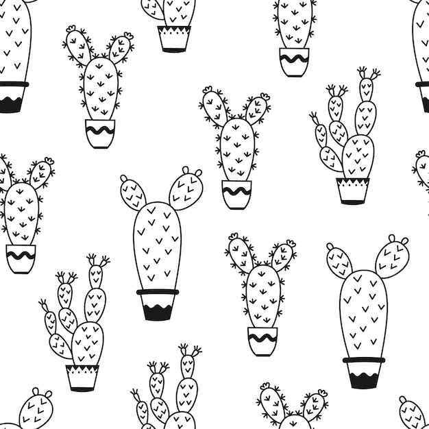 Modèle Sans Couture Avec Cactus En Pot Dessins D'illustration De Contour Vectoriel Pour La Conception De Cartes Postales Et D'affiches De Conception De Fond Textile D'emballage