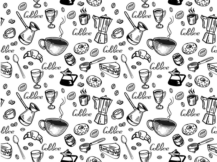 modèle sans couture de café avec différents types de café et attributs faits à la main