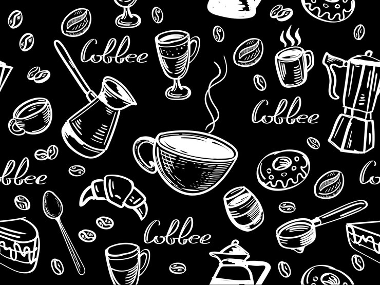 modèle sans couture de café avec différents types de café et attributs faits à la main