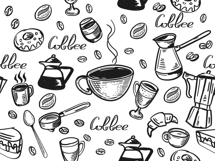 modèle sans couture de café avec différents types de café et attributs faits à la main