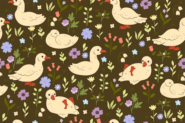 Modèle Sans Couture Avec Des Canards Mignons Et Des Fleurs