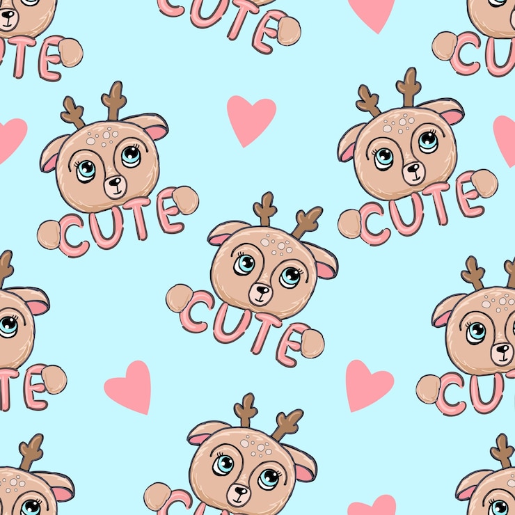 Vecteur modèle sans couture avec cerf mignon animal face coeurs roses sur fond bleu avec lettrage illustration vectorielle