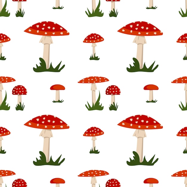 Modèle Sans Couture Avec Champignon Amanite Avec Chapeau Rouge Et Points Blancs Et Impression D'agaric Mouche Brillante D'herbe