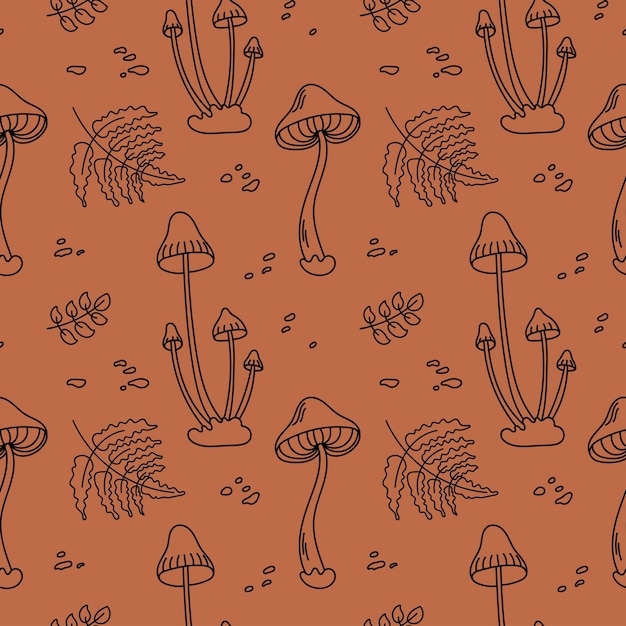 Modèle Sans Couture Avec Des Champignons Et Des Feuilles Non Comestibles Illustration Vectorielle Dans Un Style Doodle