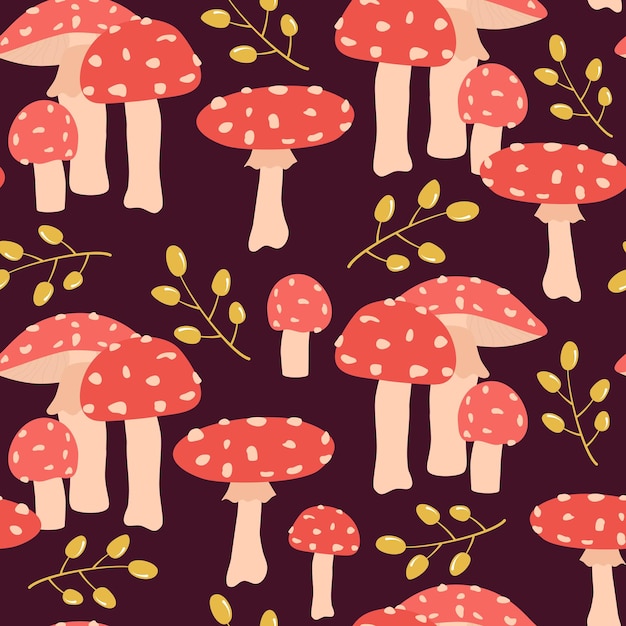 Modèle Sans Couture Avec Des Champignons Rouges Et Des Feuilles