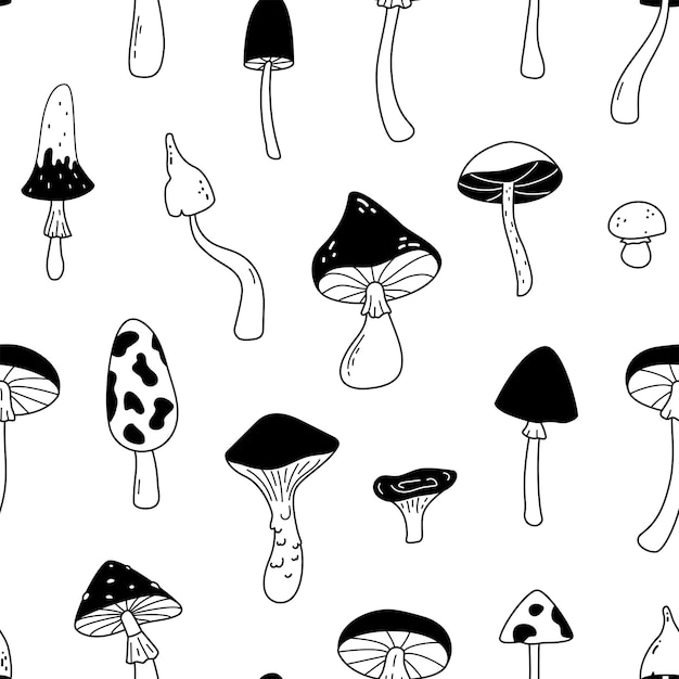 Modèle Sans Couture De Champignons Texture De Répétition De Forêt De Croquis Dessinés à La Main Ligne Divers Champignons Comestibles Et Non Comestibles