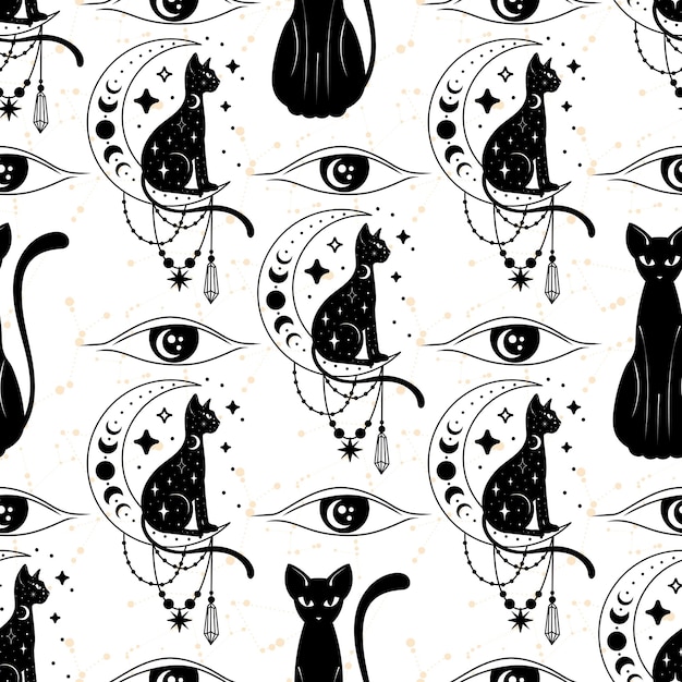 Modèle Sans Couture Avec Un Chat. Motif Mystique. Chat Noir, Halloween, Soleil, étoiles, Lune, Phases De Lune.