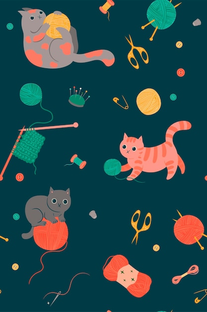 Modèle Sans Couture Avec Des Chats Mignons Et Des Outils De Couture. Graphiques Vectoriels.