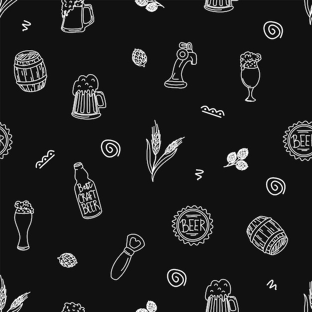 Modèle sans couture avec des chopes à bière et des épillets Onecolor illustration vectorielle plane contour dessinée à la main