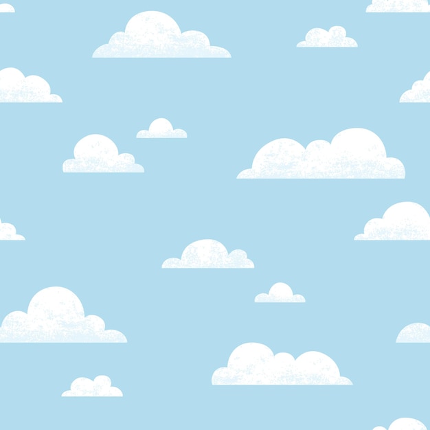Modèle sans couture avec ciel bleu et nuages. Fond de vecteur dessiné à la main. Décor de pépinière.