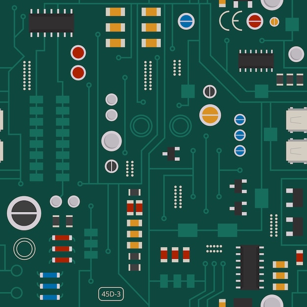 Vecteur modèle sans couture de circuit électronique avec diodes, puces et transistors. illustration de la carte mère électrique et des composants de fond