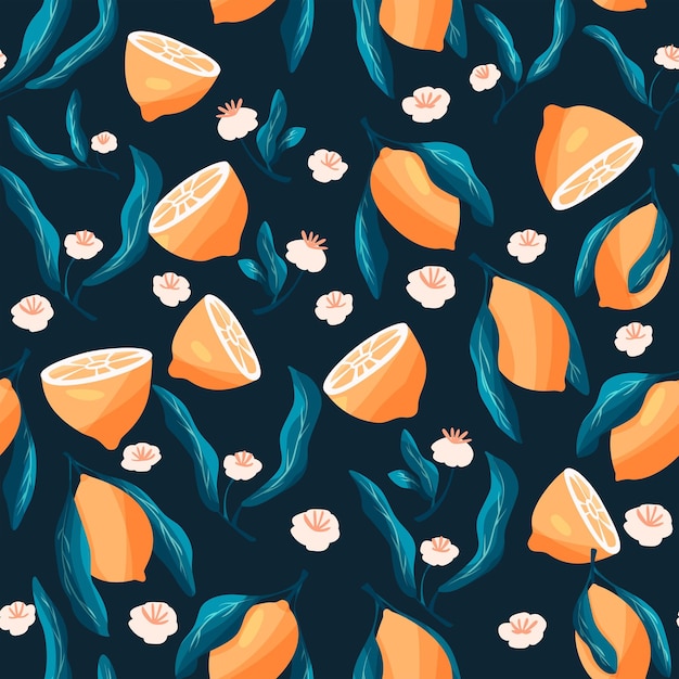 Modèle Sans Couture Avec Des Citrons Dessinés à La Main Sur Fond Bleu Fruit Et Design Floral Dans Des Couleurs Vives Illustration Vectorielle Colorée