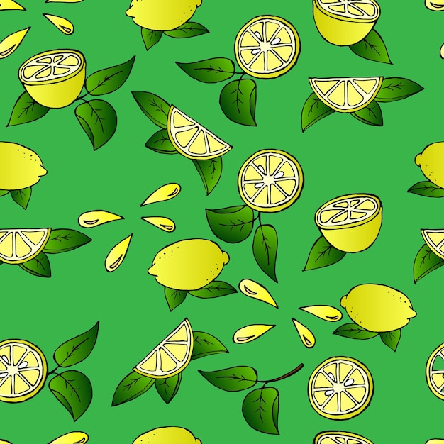 Modèle sans couture, citrons et tranches de citron sur fond vert. Impression, textile, vecteur